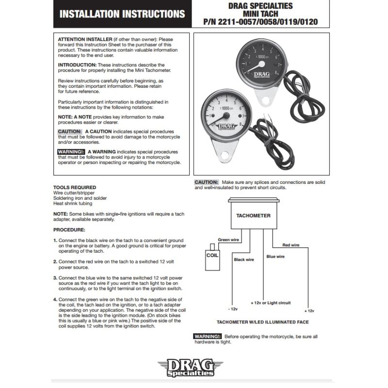 Drag Specialties Matte Black/Black 2.4" Mini Electronic 8000 RPM Tachometer 2211-0119-121453