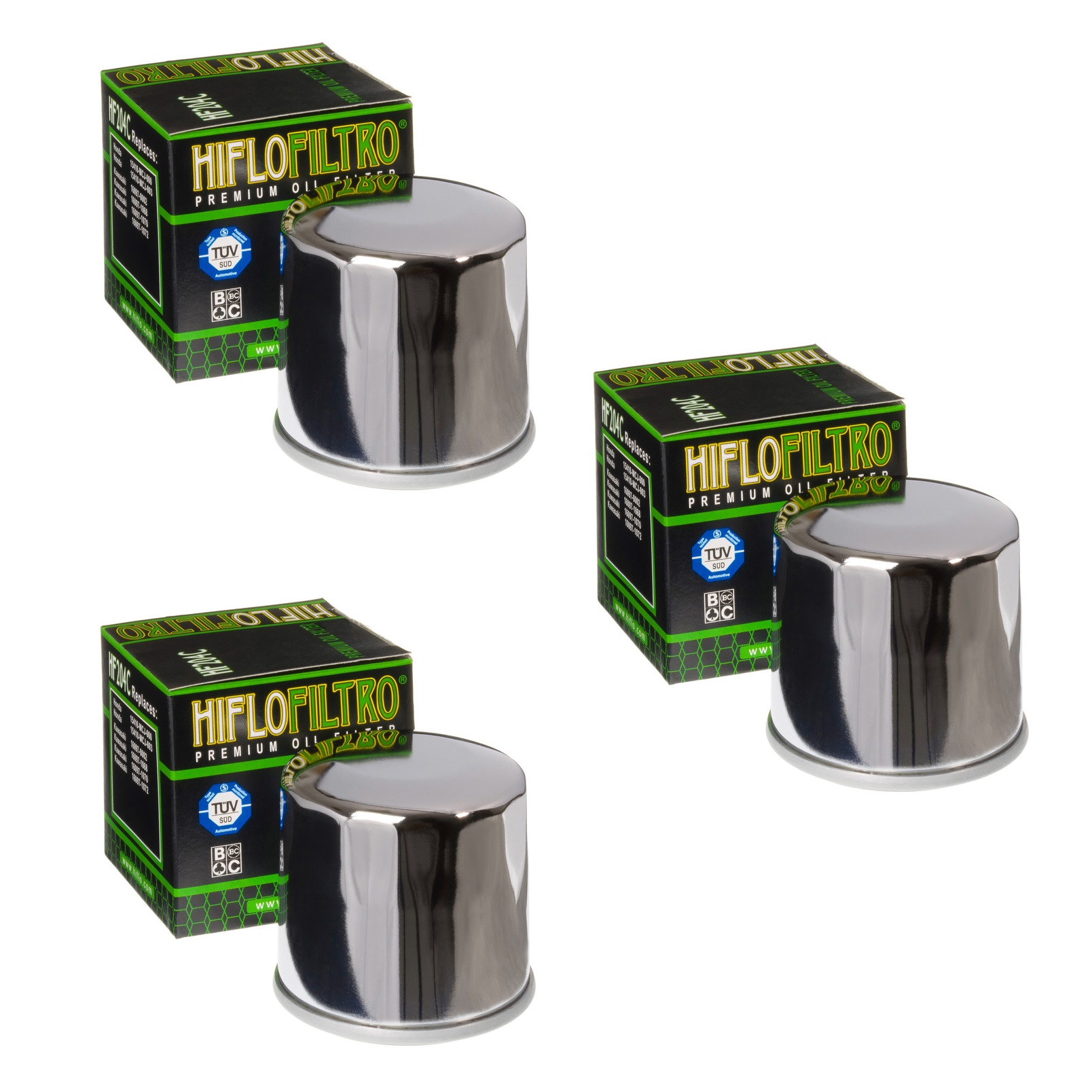 Hiflofiltro 3 Pack Oil Filter HF204 Chrome Honda Kawasaki Suzuki Triumph Yamaha - HF204C